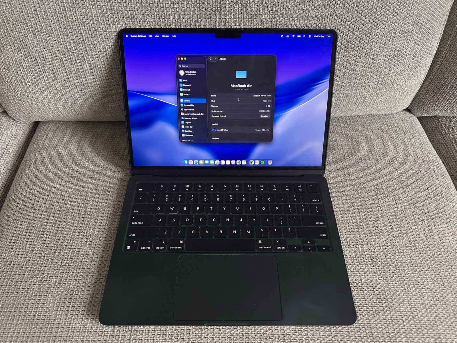 Gebruikte MacBook Air M3 met 8GB RAM, Computers en Software, Ophalen, Gebruikt, 256 GB, Qwerty