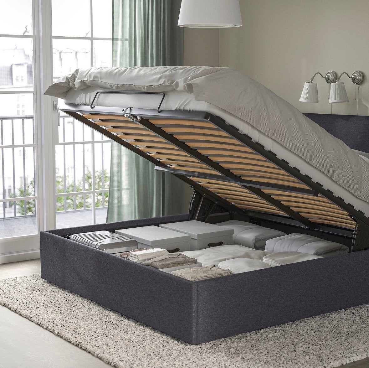 IKEA IDANAS bed met opbergruimte, donkergrijs, Ophalen, Verstelbaar, Tweepersoons, Zo goed als nieuw