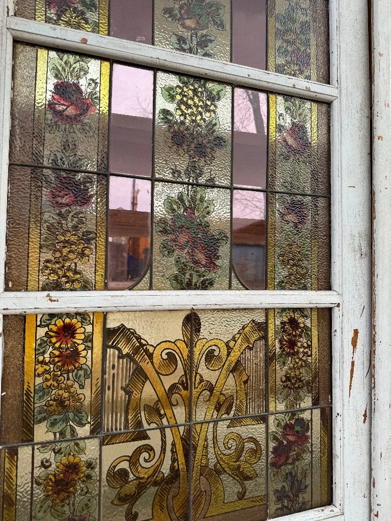 Set Jugendstil glas in lood deur met zijramen 204x204cm., Ophalen