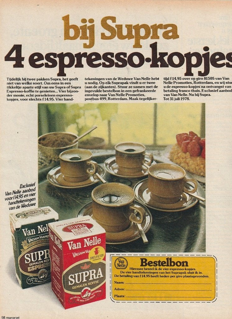 retro reclame 1978 Van Nelle Supra koffie kopjes servies, Verzamelen, Verzenden, Overige typen