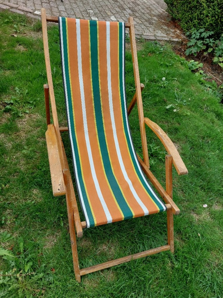 2x Vintage houten strandstoel / ligstoel, Tuin en Terras, Ophalen, Gebruikt, Hout, Inklapbaar