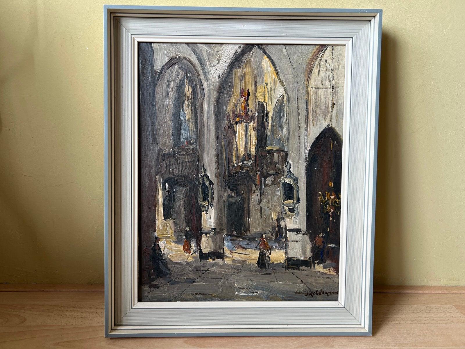 Kerkinterieur olieverf schilderij, J. Kelderman, Antiek en Kunst, Kunst | Schilderijen | Klassiek, Ophalen, Doek, Gesigneerd, Olieverf