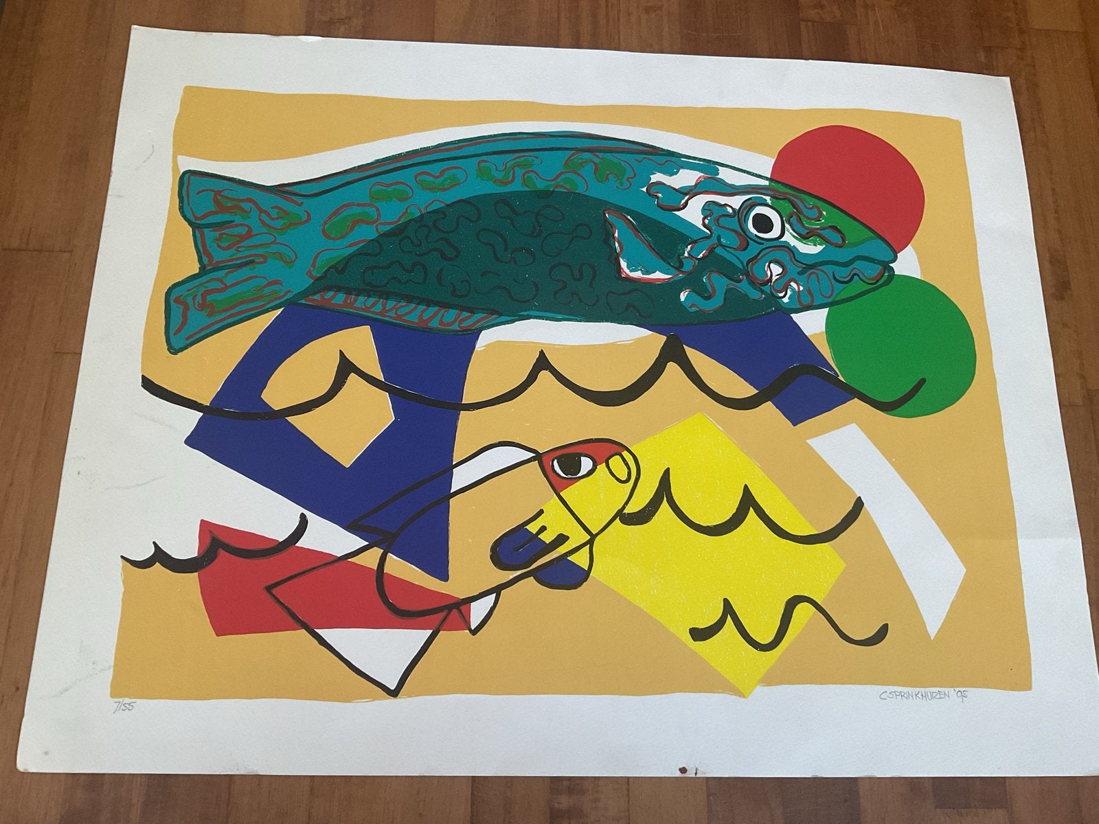 Kleurrijke Zeefdruk 'Vissen' van C. Sprinkhuizen ('95), Antiek en Kunst, Gelimiteerde oplage, Ophalen of Verzenden, Dieren en Natuur