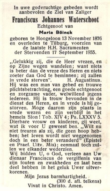 Waterschoot Franciscus Johannes Hoogeloon 1876-1955 Tilburg, Ophalen of Verzenden