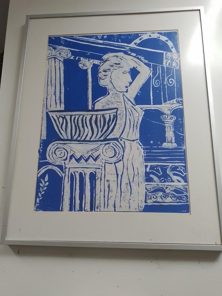 Blauw-witte linosnede met olieverf - Klassieke stijl, Ophalen of Verzenden
