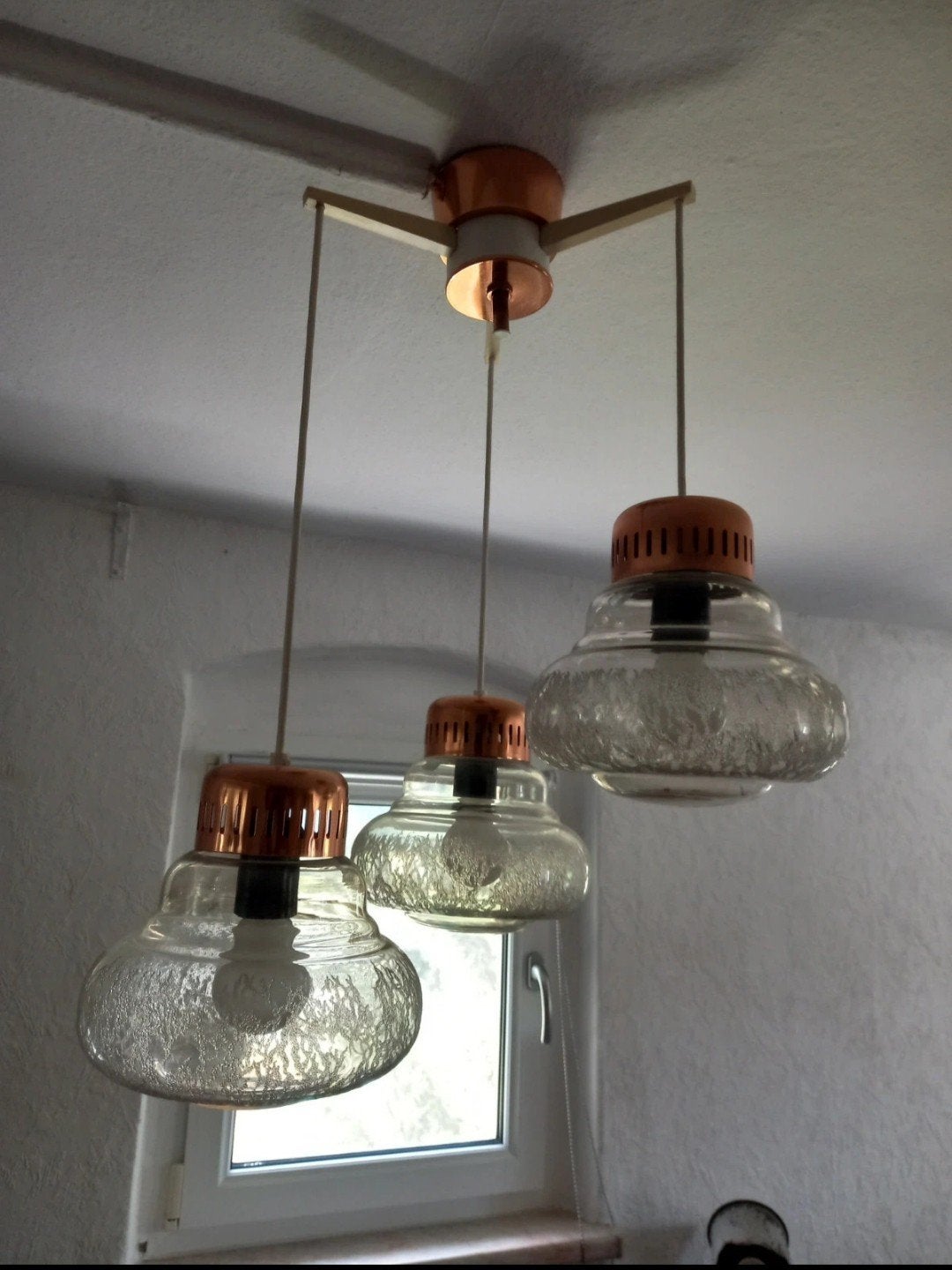 Vintage Narva Hanglamp met 3 Glazen Kappen space age, Gebruikt, Onbekend, Overige fittingen, Glas