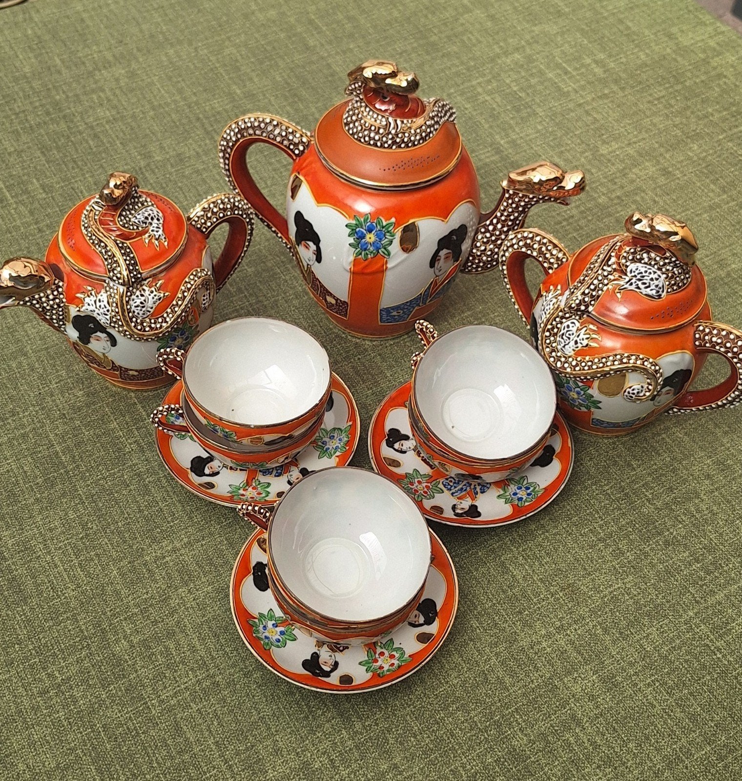 Vintage Japans Satsuma draken theeservies met Geisha decor, Ophalen of Verzenden