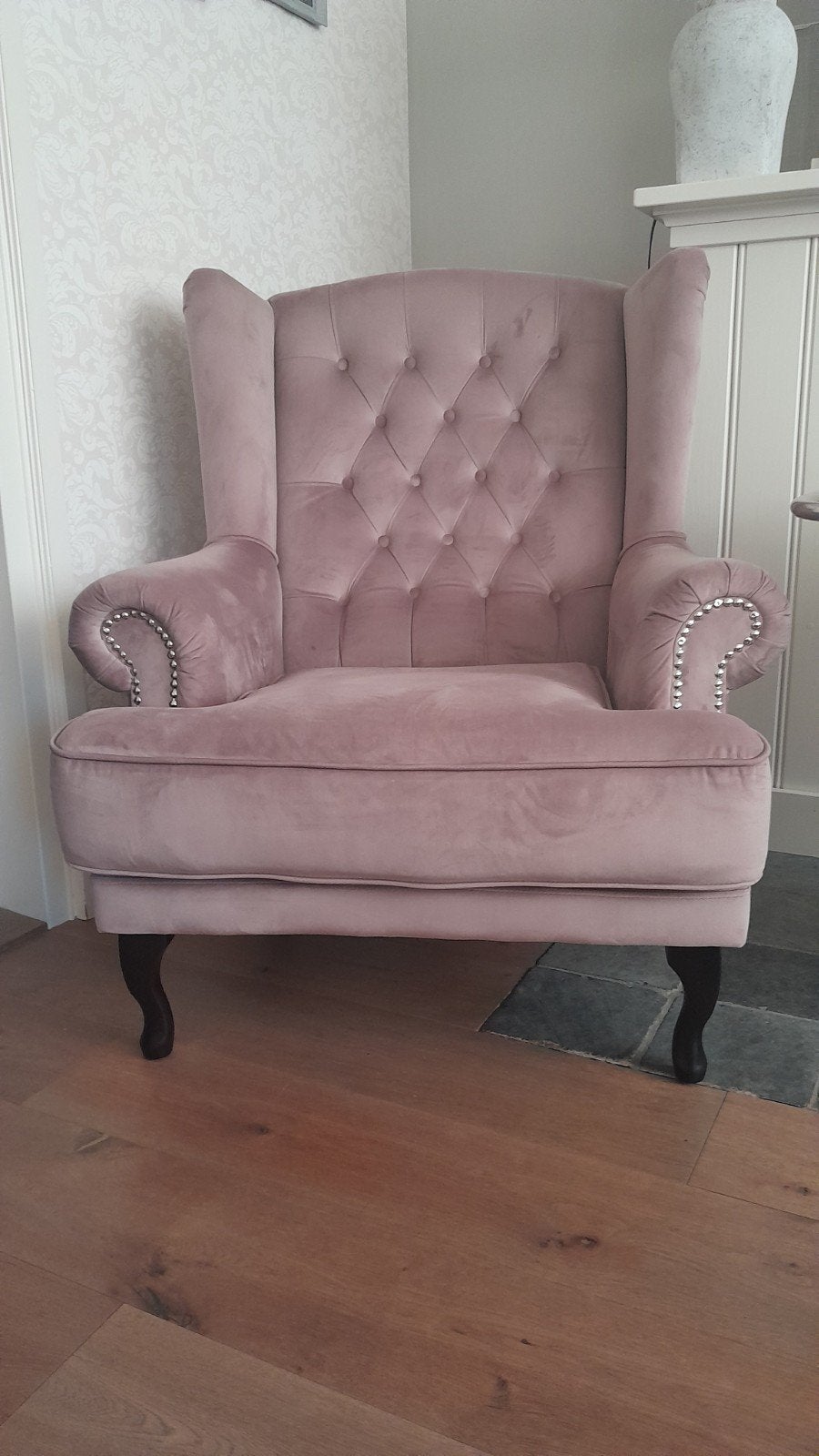 Roze velvet fauteuil, Ophalen, Minder dan 75 cm, Klassiek velvet, Zo goed als nieuw