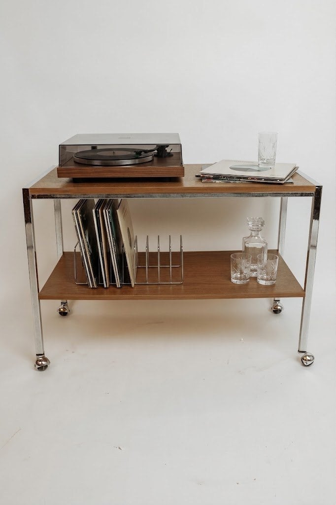 Vintage bar trolley / lp kast, jaren 70 - Hout en chroom, Ophalen, -, -, Zo goed als nieuw