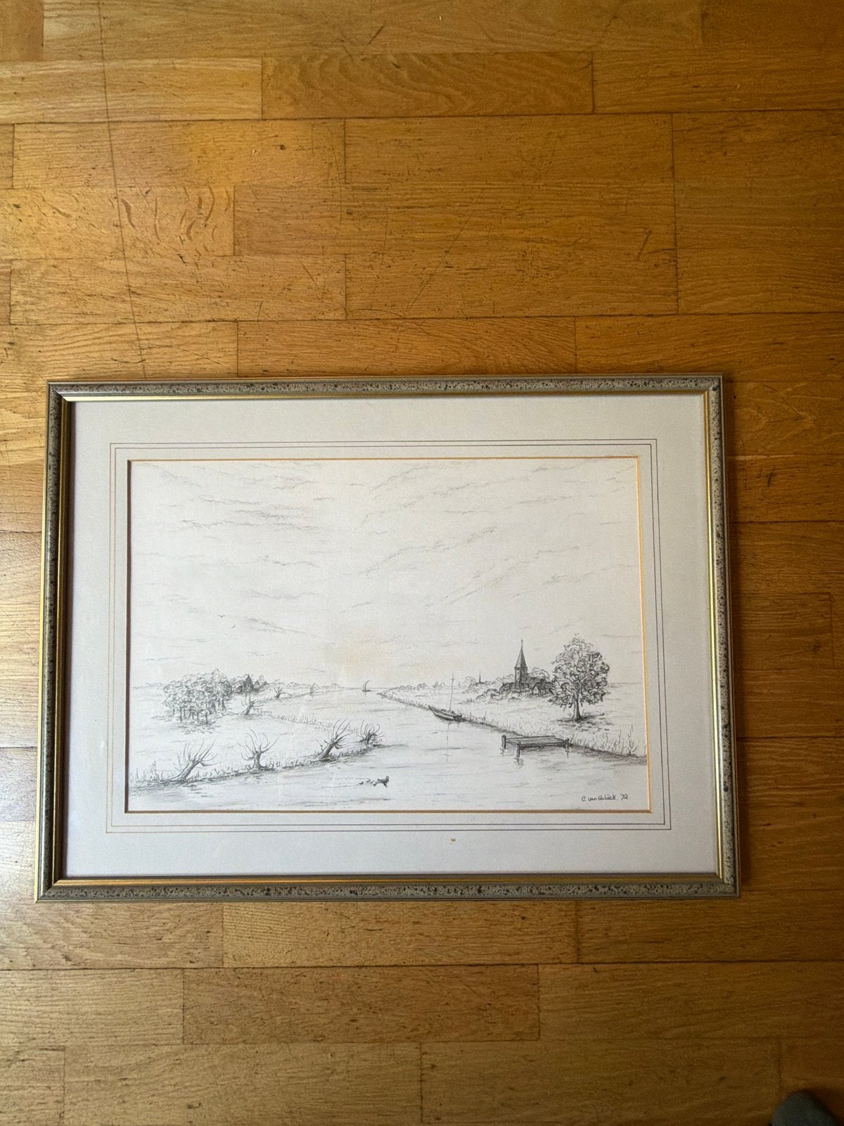 Potloodtekening C. van Guluck - Landschap 1992, Ophalen of Verzenden, Tekening, Potloodtekening, Gesigneerd