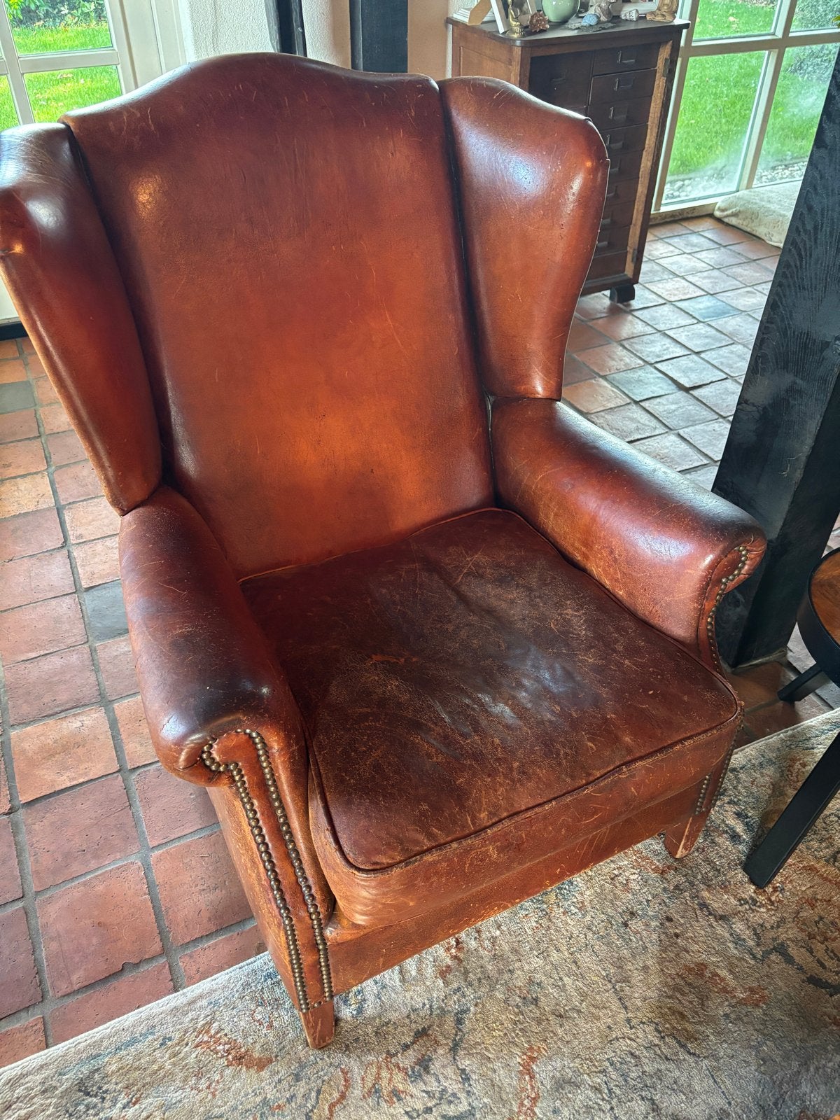 Vintage Leren Fauteuil - Schapenleer Oorfauteuil, Ophalen, Gebruikt, Leer, 75 tot 100 cm
