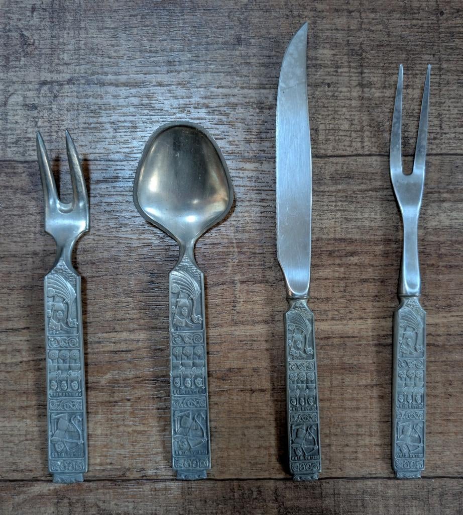 Vintage Konge Tinn Noors Bestek - Viking Design - vierdelig, Antiek en Kunst, Ophalen of Verzenden