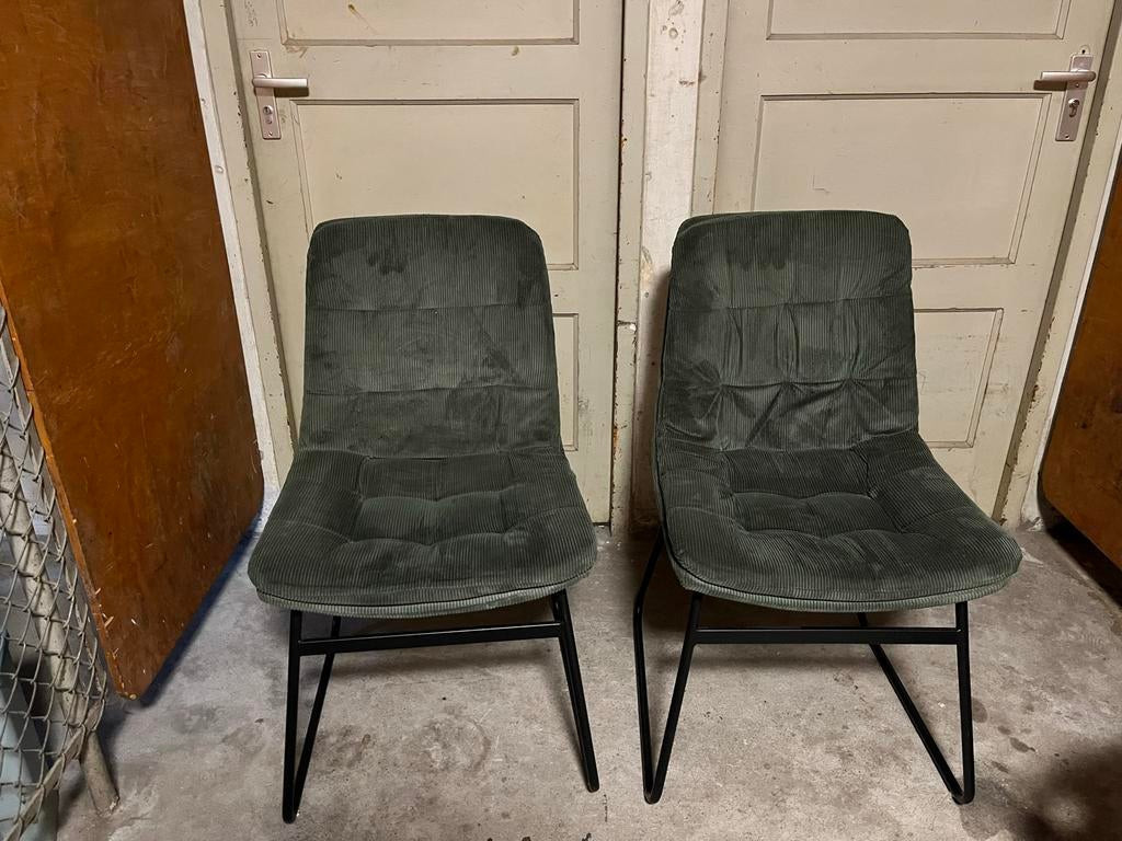 2 x eetkamerstoel - Groen ribfluwele stoelen, Huis en Inrichting, Stoelen, Ophalen, Gebruikt, Twee, Overige kleuren