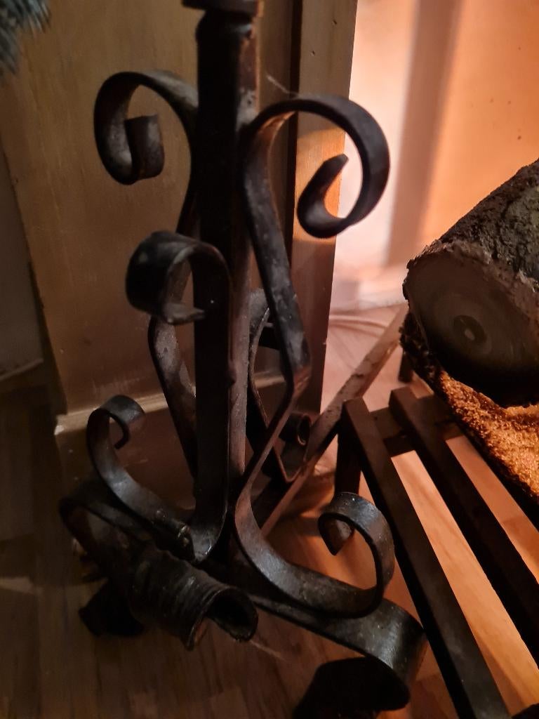 Antieke gietijzeren haardbokken met koperen knop, Ophalen of Verzenden