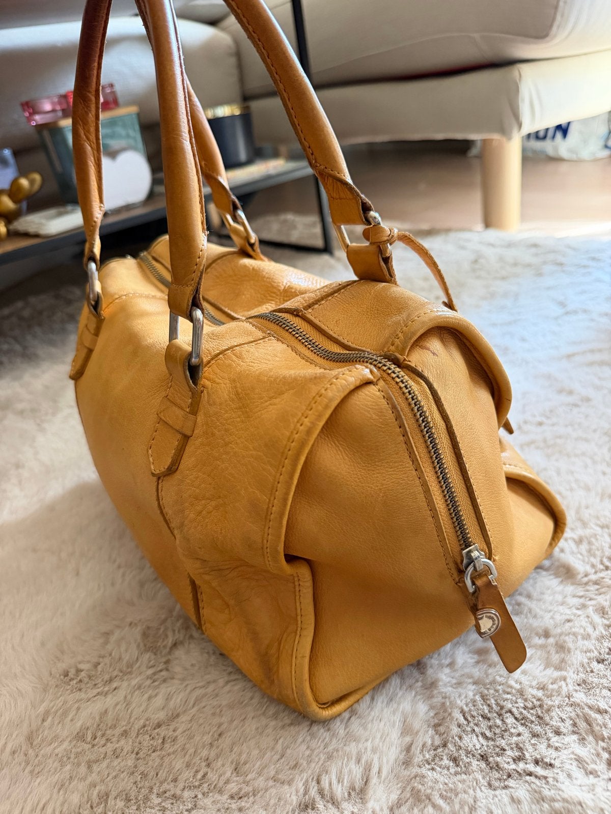 Uterqüe Leren Bowlingtas Cognac/Camel - Ruim & Stijlvol, Ophalen of Verzenden, Gebruikt, Geel, Handtas