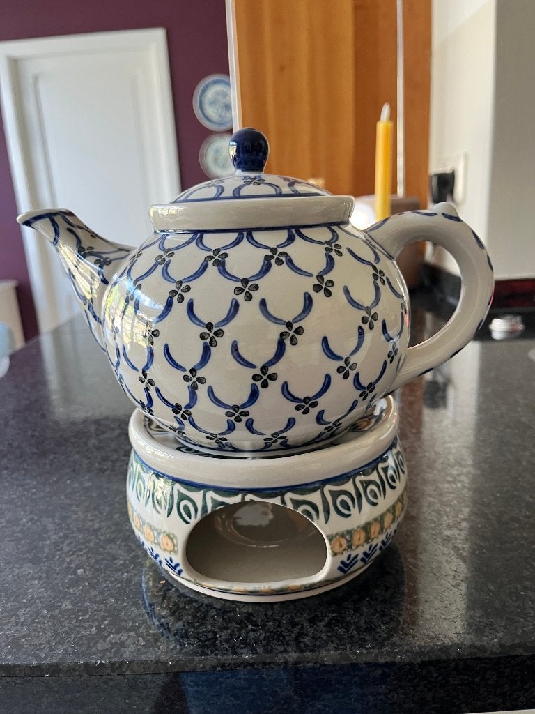 Prachtige handbeschilderde Poolse theepot met warmhouder, Ophalen of Verzenden, Zo goed als nieuw, Porselein, Theepot