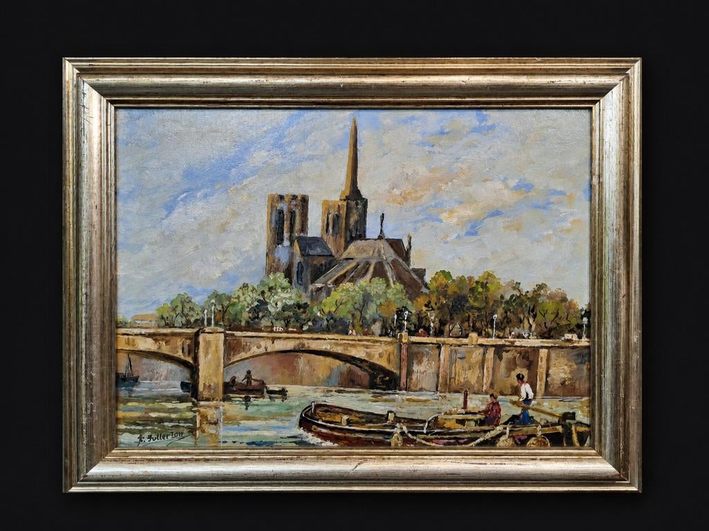 Schilderij Notre Dame Parijs, gesigneerd R Fullerton, Ophalen of Verzenden