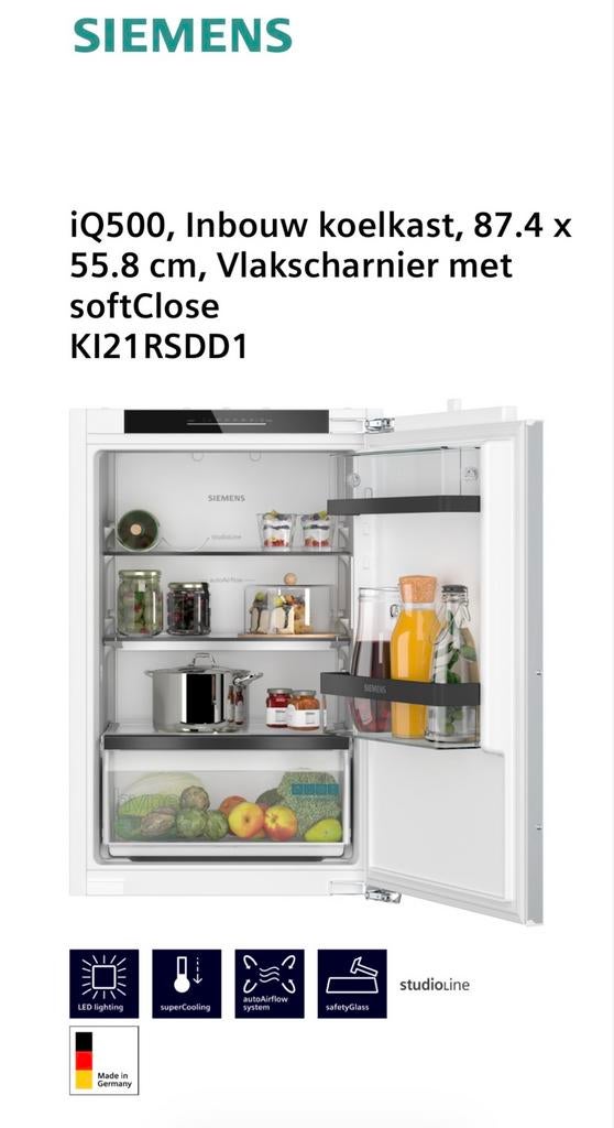 NIEUWE Siemens iQ500 Inbouw Koelkast type KI21RSDD1, 150 tot 200 liter, Zonder vriesvak, Nieuw, 45 tot 60 cm