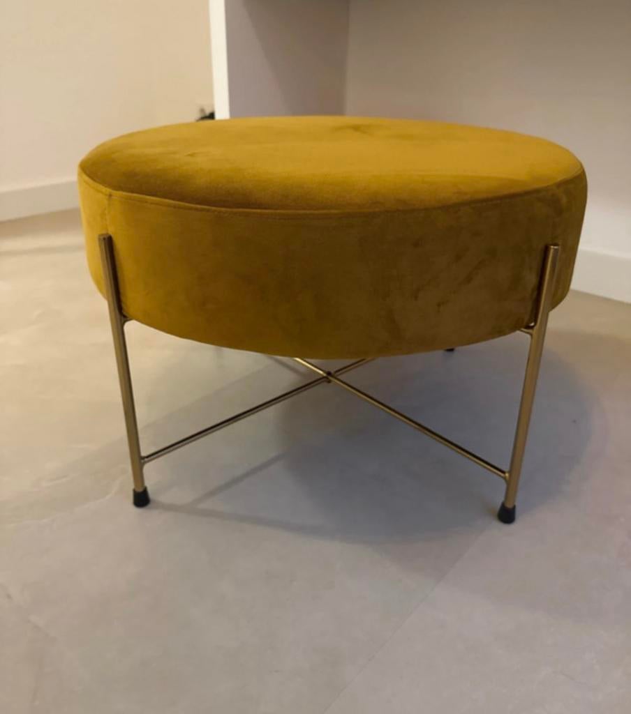 Mosterd kleur poef, Minder dan 50 cm, Rond, Ophalen of Verzenden, Zo goed als nieuw