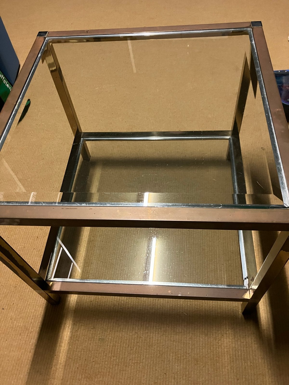 Glazen bijzettafel met metalen frame, Minder dan 55 cm, Gebruikt, Vierkant, Glas