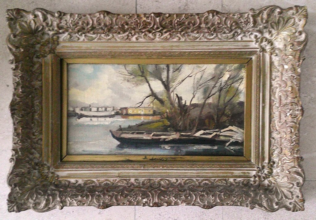 Woonboten omgeving Leiden 1930 - J.C. Roelandse 1888-1978, Paneel, Impressionistisch, Ophalen of Verzenden, Olieverf