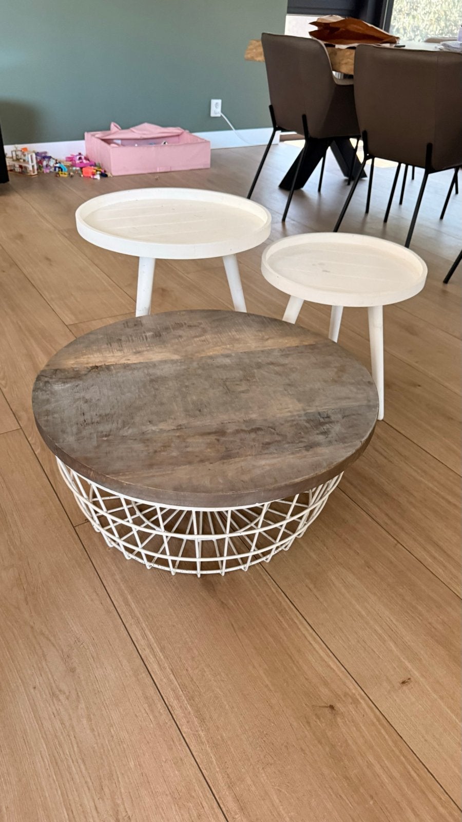Set van 3 salontafels, wit en hout (2x riverdale), Ophalen, Gebruikt, Rond, 50 tot 100 cm