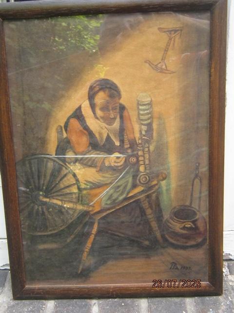Mooie Aquarel vrouw a/h Spinnewiel naar Nic Maes, Antiek en Kunst, Kunst | Schilderijen | Klassiek, Ophalen of Verzenden