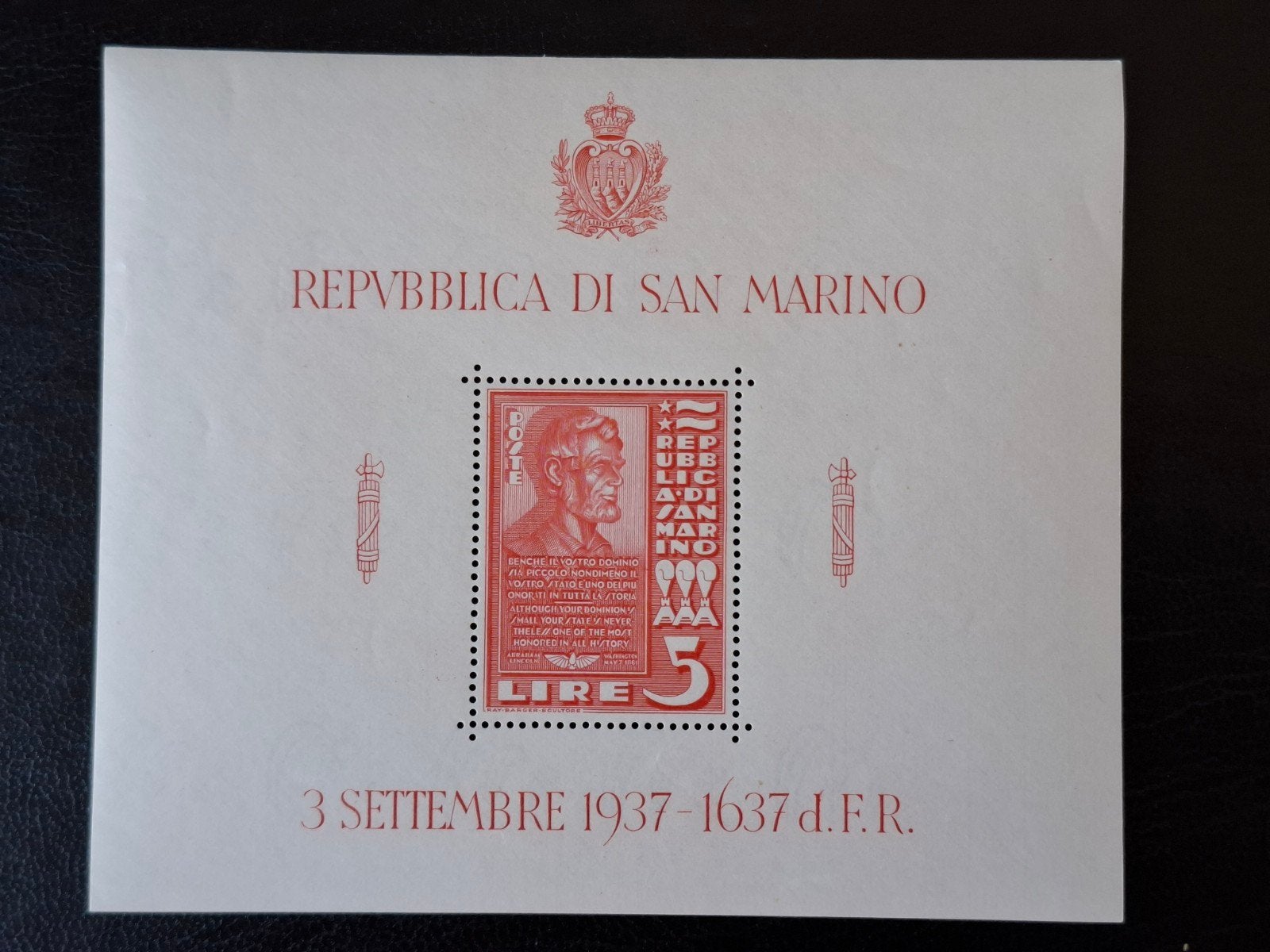 San Marino 1938 Buste Abraham Lincoln, Postzegels en Munten, Ophalen of Verzenden, Overige landen, Postfris