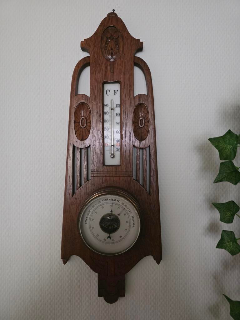 Antieke Barometer en Thermometer in Houten Behuizing, Ophalen of Verzenden, Gebruikt, Weerstation