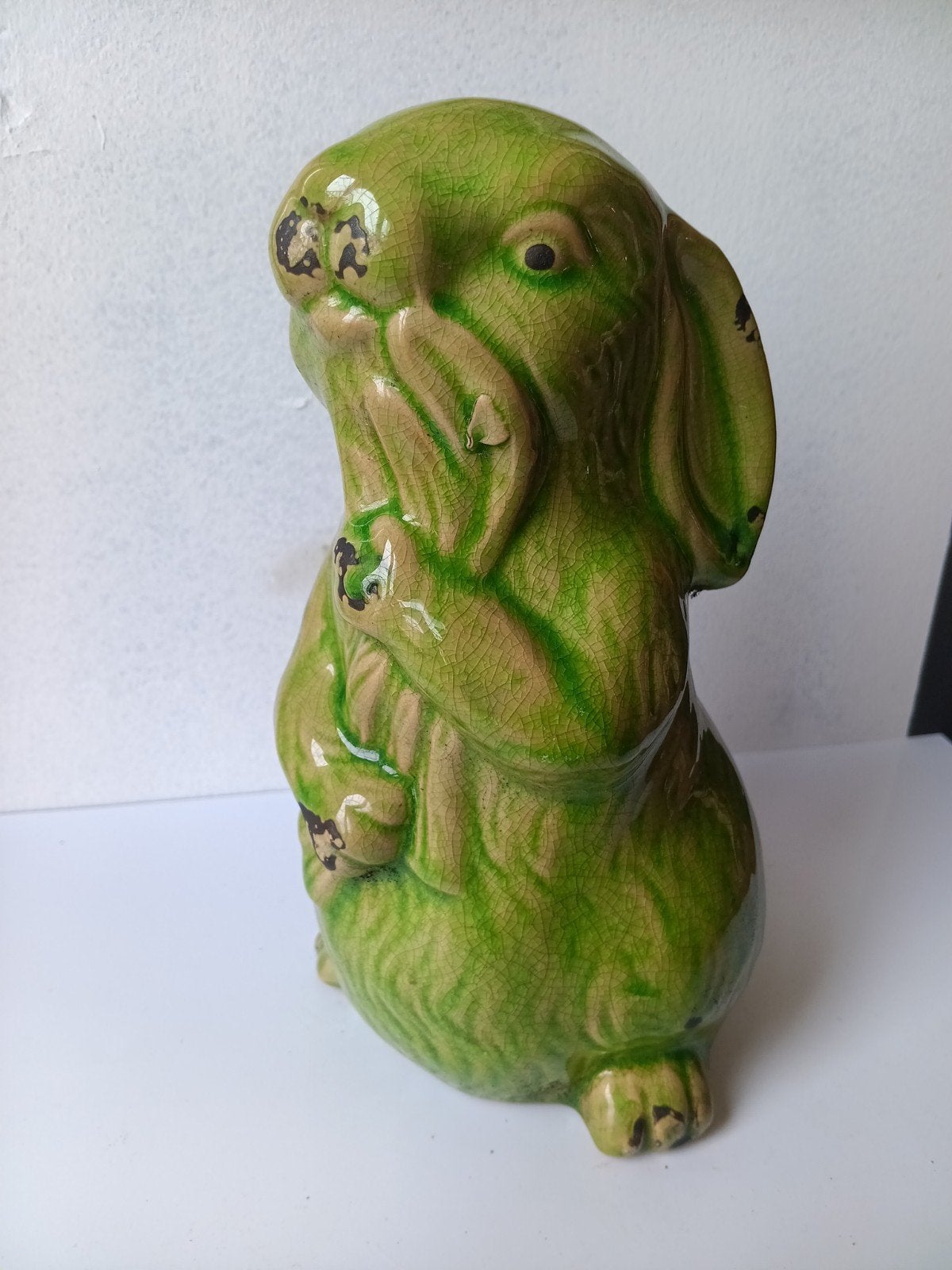 Vintage Groen Konijn Keramiek met Craquelé Glazuur, Ophalen of Verzenden