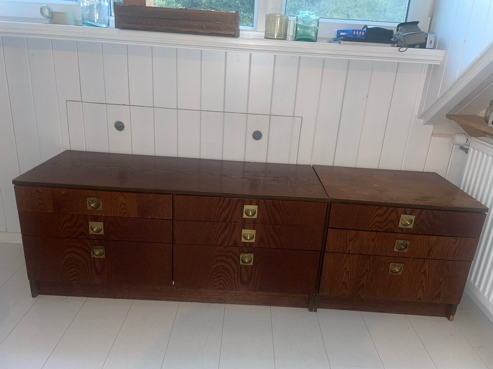 Set van 2 ladekasten met messing handgrepen, Ophalen, Gebruikt, 100 tot 150 cm, Met lade(s)