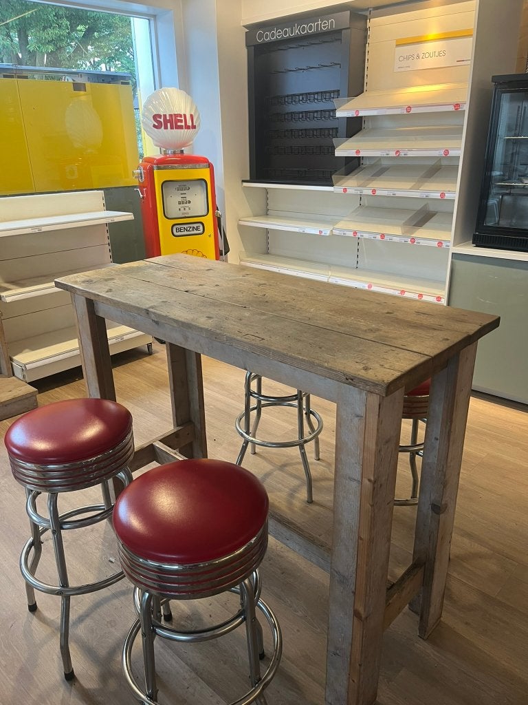 Houten Statafel (140x60) + 4 Retro Barkrukken (Rood/Chroom), Ophalen, Draaibaar, Gebruikt, 60 tot 90 cm