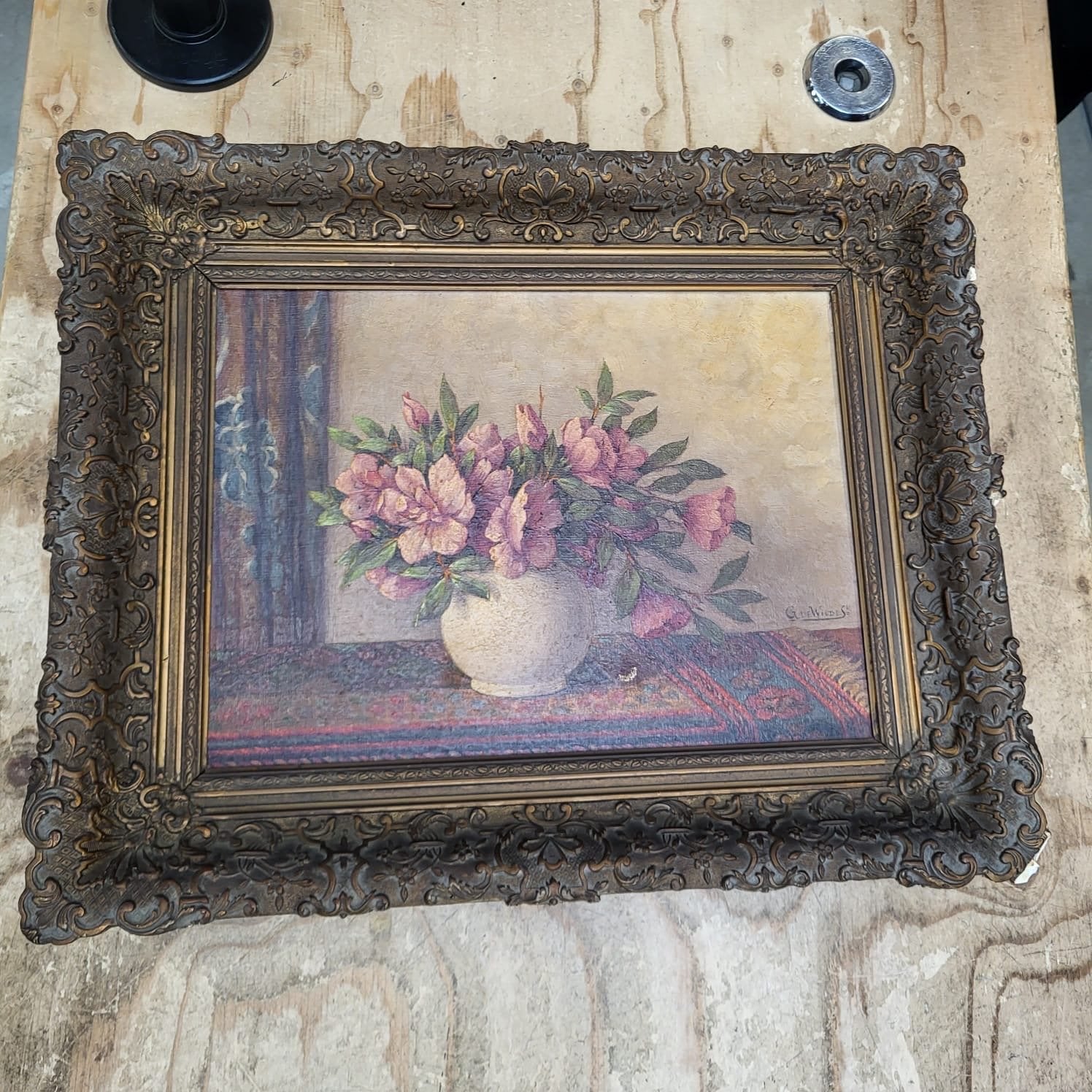 Vintage Schilderij: Roze Bloemen in Vaas, Gesigneerd, Ophalen of Verzenden