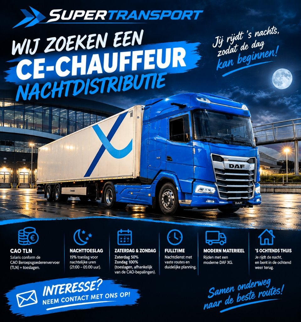 CE Chauffeur gezocht (nacht), 33 - 40 uur, LBO / VMBO, Vanaf 1 jaar, Vast contract