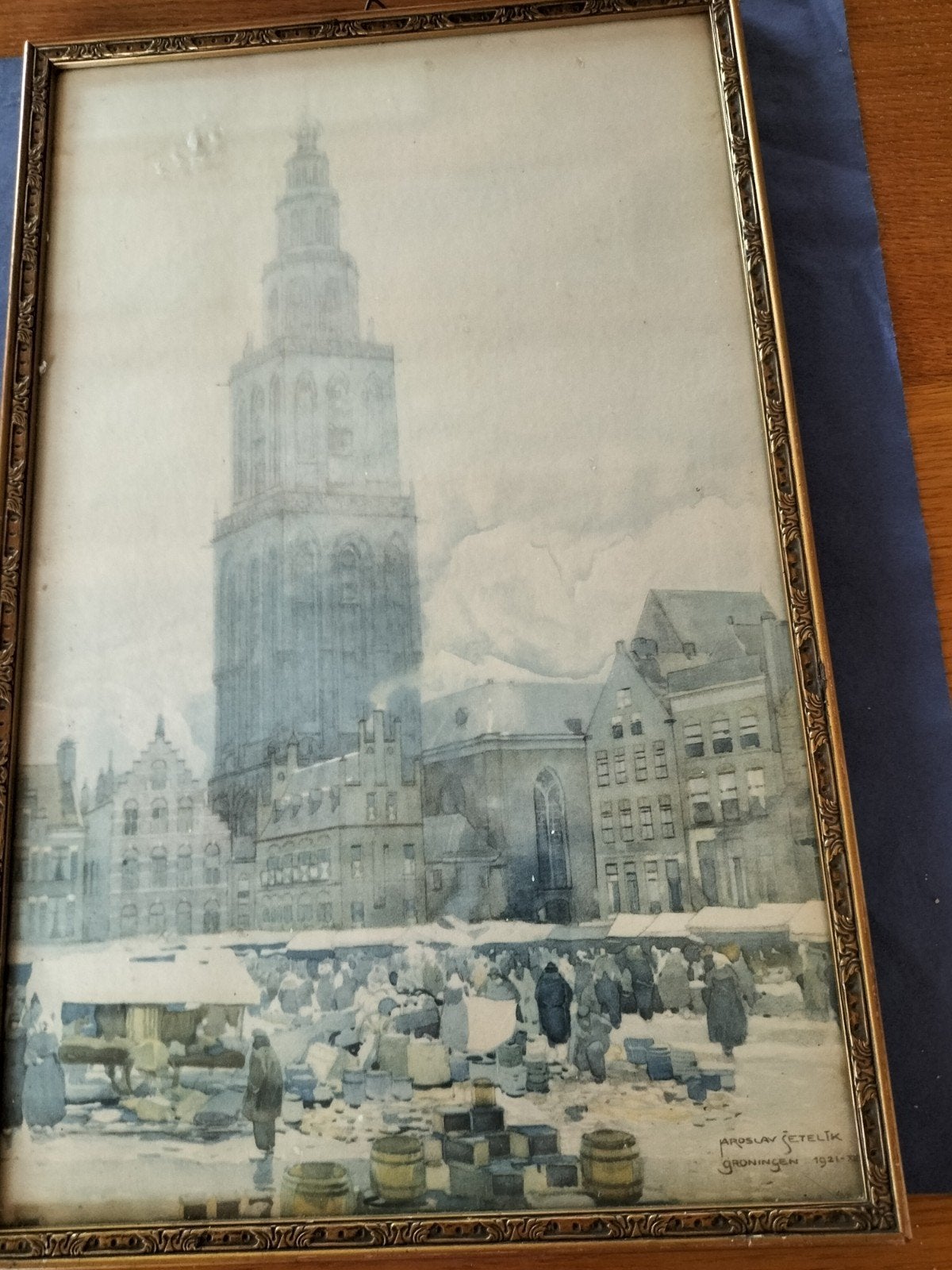 Aquarel Martinitoren Groningen, gesigneerd Jaroslav Setelik, Ophalen of Verzenden, Tekening, Aquarel, Ingelijst