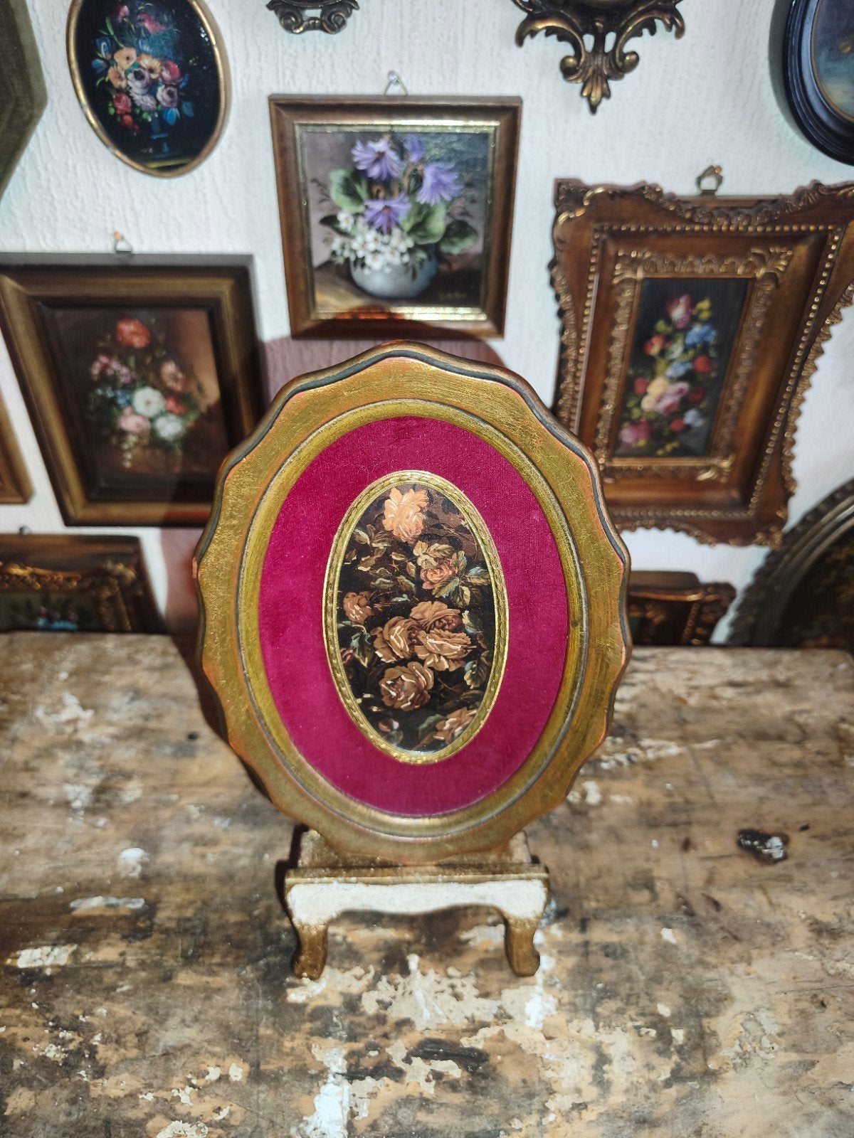 oud schilderijtje schilderij lijst stilleven bloemen Y52, Ophalen of Verzenden