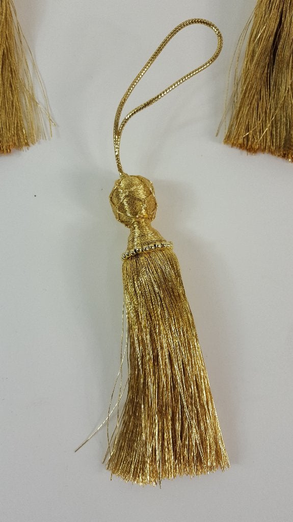 Gouden kwasten, 6 stuks, kerstversiering, 12 cm. W1, Diversen, Tweedehands verkoop, Tweedehands verkoop, Gebruikt, Ophalen of Verzenden