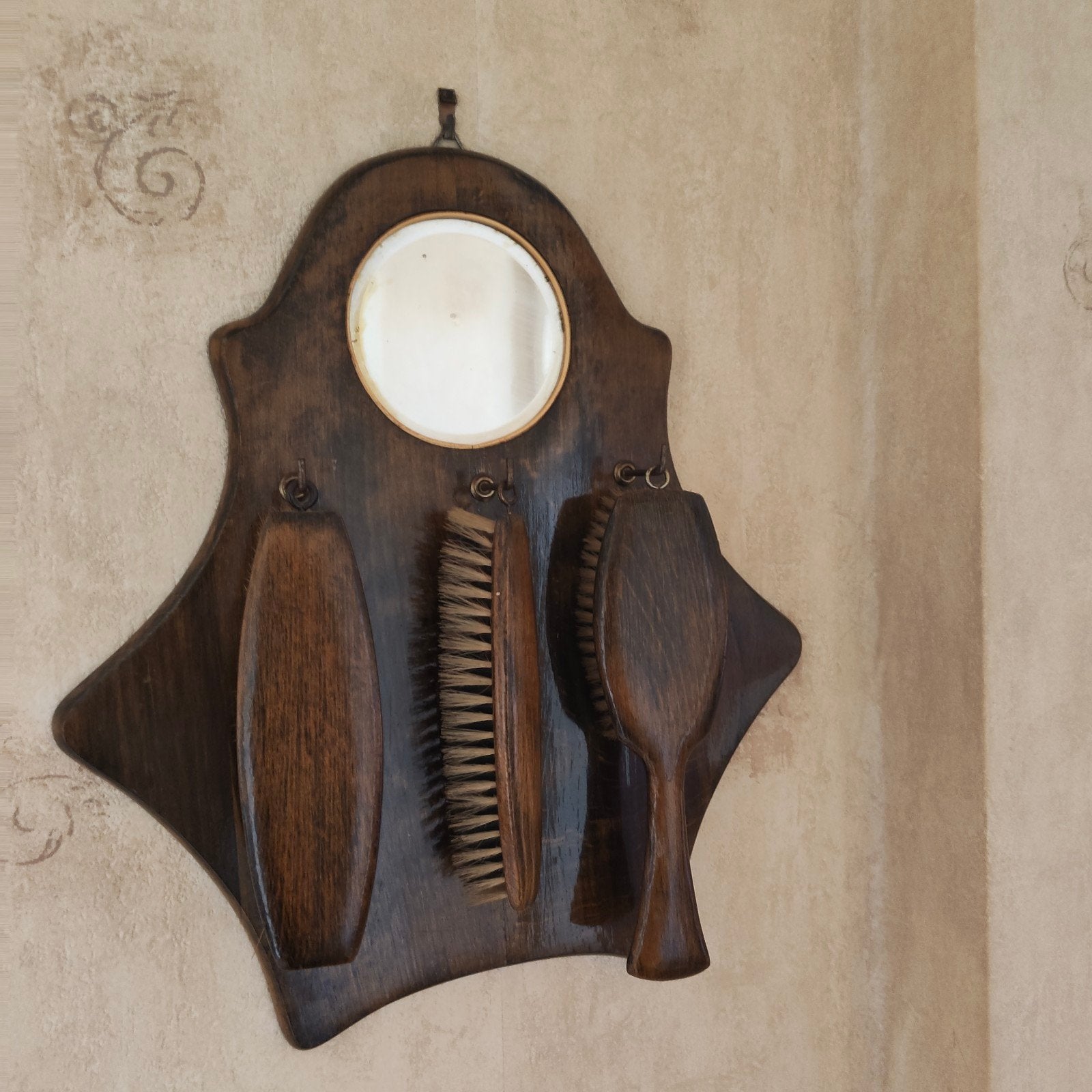 Oud houten borstelrek met spiegel en 3 borstels, Ophalen, Rechthoekig, Minder dan 50 cm