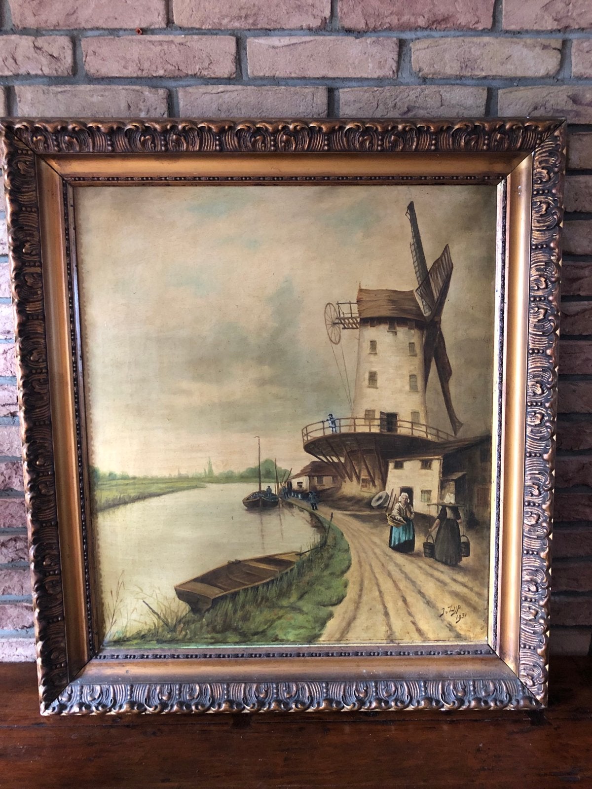 Oud Hollands schilderij: Molen aan het water, gesigneerd 193, Antiek en Kunst, Ophalen, Maritiem / water, Gedateerd, Doek