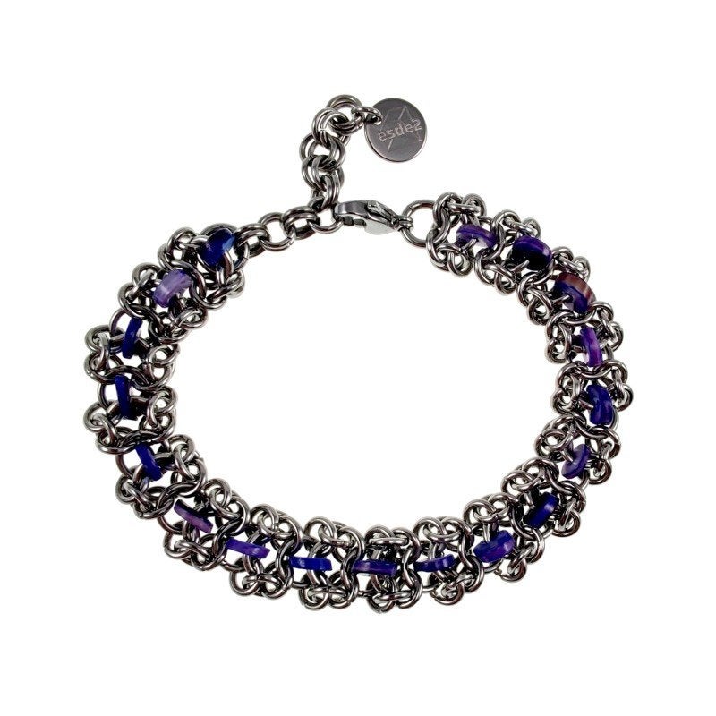 Europese Weeftechniek Armband + Paarse-Zoetwaterschelpkralen, Sieraden, Tassen en Uiterlijk, Armbanden, Staal, Birgitta-Gracht 33, 6465 EL Kerkrade, Nederland