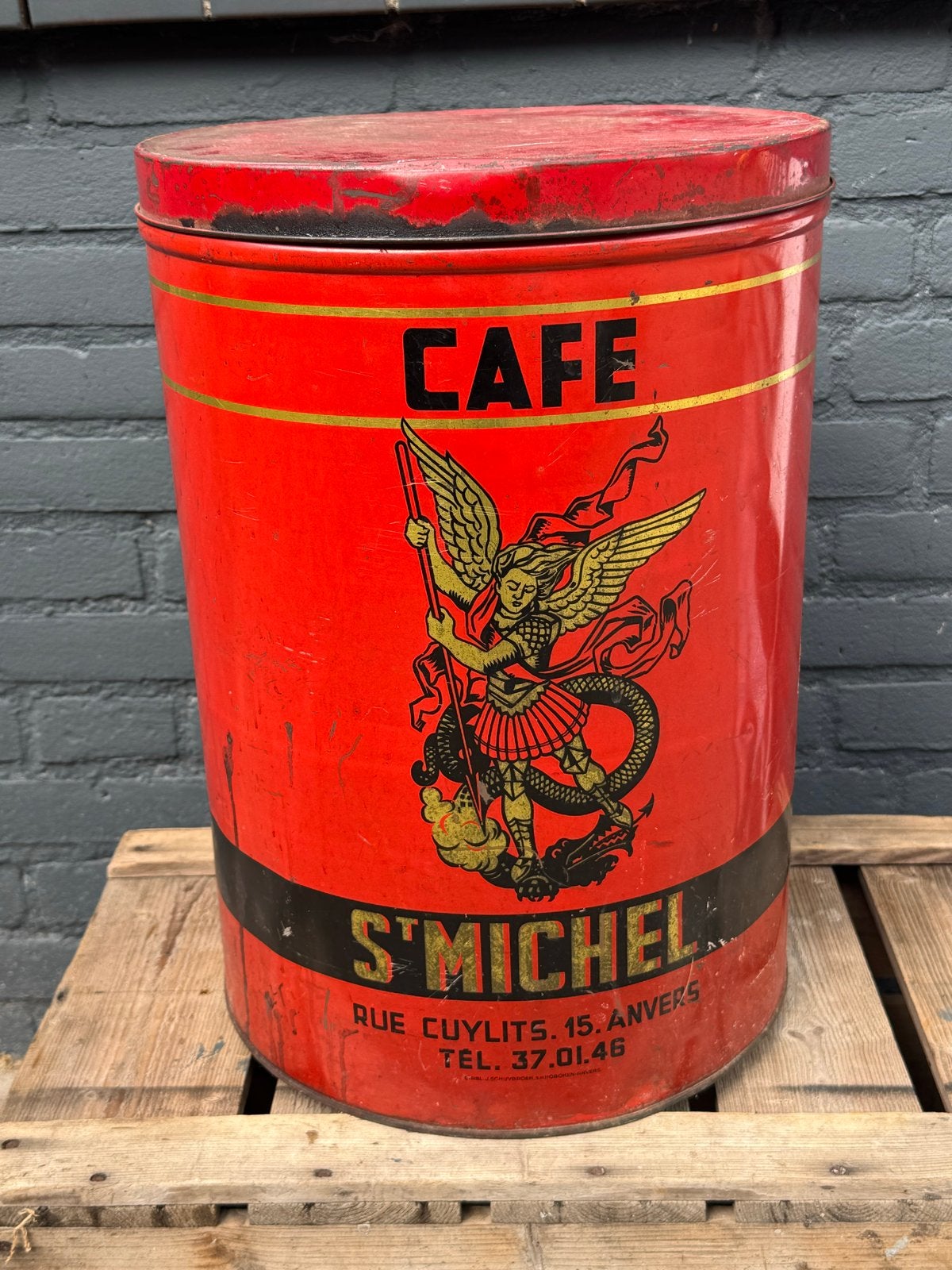 Groot Antieke Rode Koffieblik 'Cafe St. Michel' Antwerpen, Ophalen of Verzenden