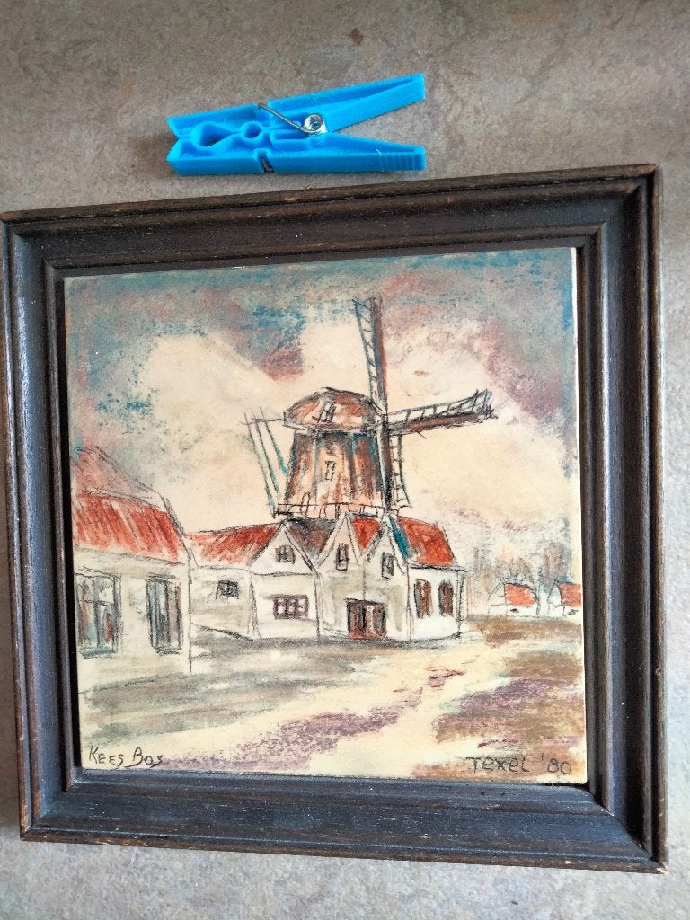 Handbeschilderde tegel van Kees Bos  van de molen op texel., Antiek en Kunst, Ophalen of Verzenden