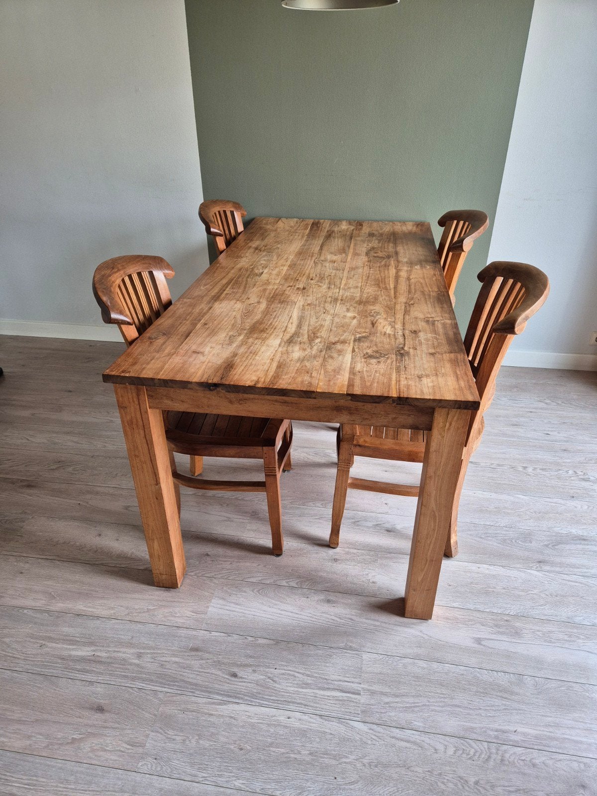 Teak houten eettafel met 4 stoelen., Ophalen, Gebruikt, Teakhout, Vier personen