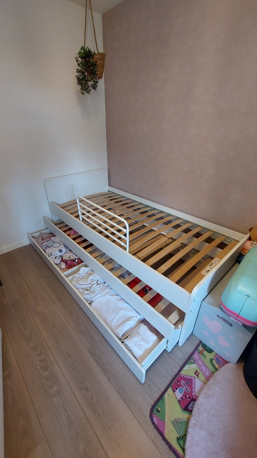 IKEA SLÄKT bedframe met onderbed en opberger, wit, Ophalen, Gebruikt, 90 cm, Eenpersoons