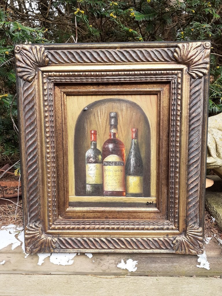 Olieverfschilderij "Drankkabinet" in fraaie sierlijst, Antiek en Kunst, Paneel, Stilleven, Ophalen of Verzenden, Bijzondere lijst