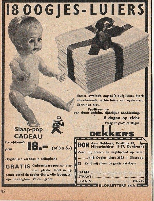 Retro reclame 1960 Dekkers baby luiers 18 oogjesluiers, Verzenden, Overige typen