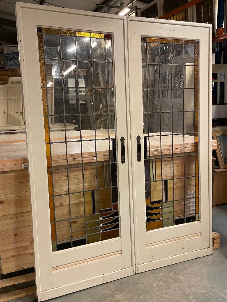Set schuif / en-suite deuren met glas in lood 214x165cm, Antiek en Kunst, Curiosa en Brocante, Ophalen