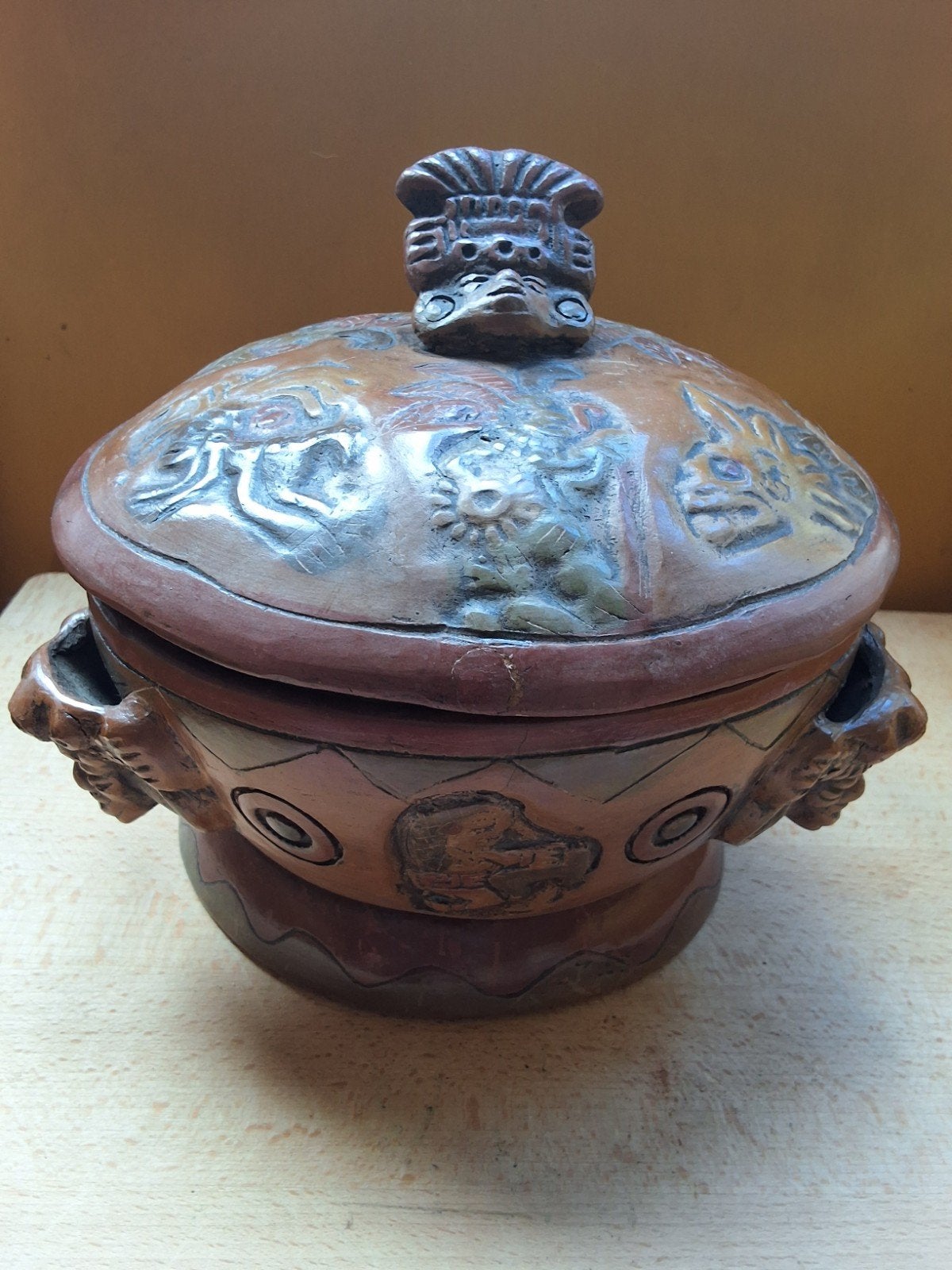 Aardewerken Pot met Deksel - Handgemaakt maya azteek, Antiek en Kunst, Ophalen of Verzenden