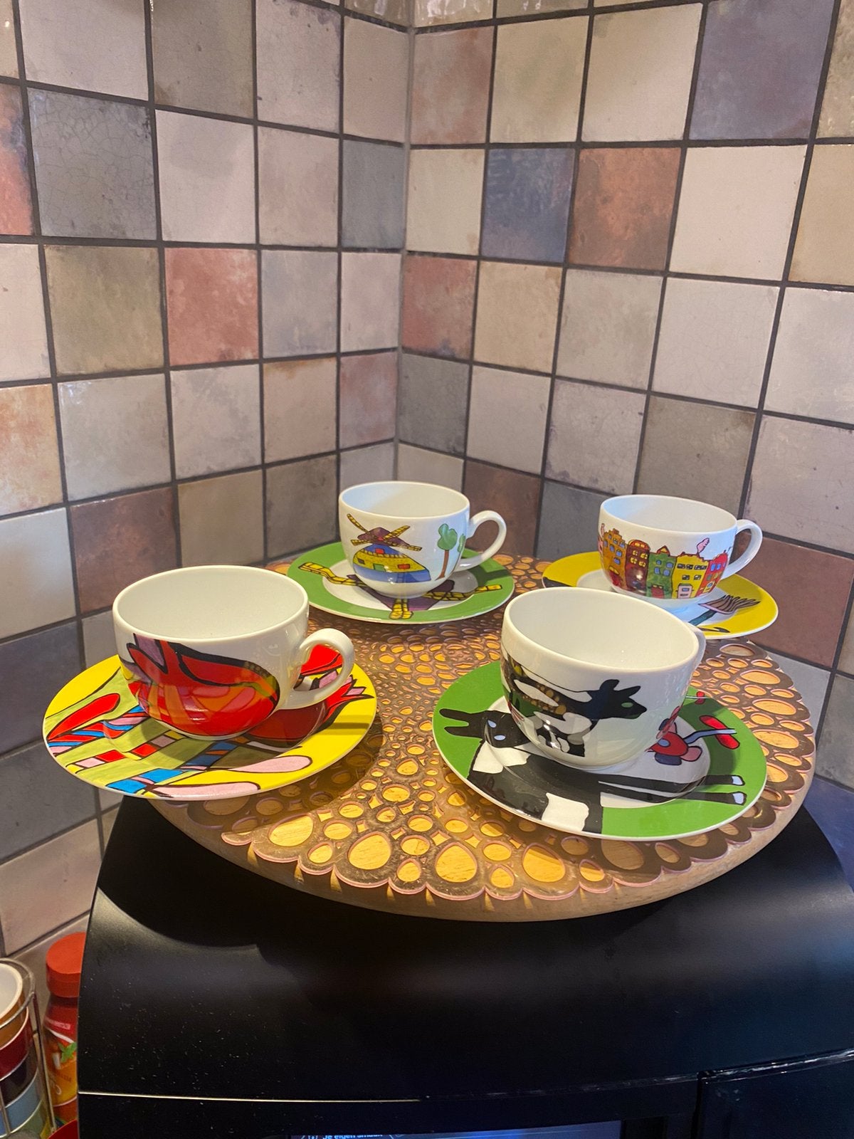Schoonhoven ketamiek,4 design kop en schotels,Abrona, Ophalen of Verzenden, Zo goed als nieuw