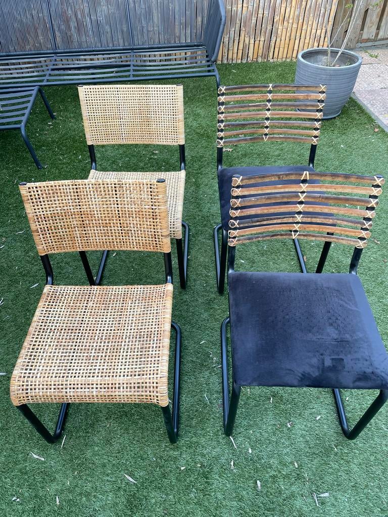 4 Eetkamerstoelen: 2 Rotan en 2 Bamboe met Zwart Fluweel, Ophalen, Gebruikt, Zwart, Riet of Rotan
